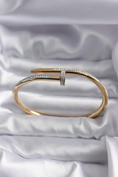 Lisinya 316L Steel Gold Color Nail Model Zircon Stone Detail Women's Bracelet -