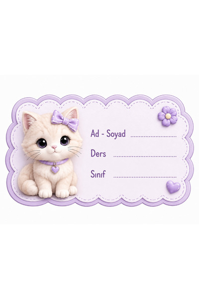 Papelia Kedi Temalı Mor Okul Etiketi 10 Adet 6 cm - Ad Soyad - Ders - Sınıf