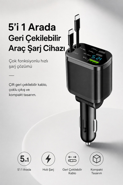 Tinytek 5'i 1 Arada Geri Çekilebilir Araç Şarj Cihazı Type-C Lightning Kablol...