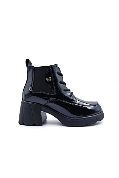 Guja 5 cm Thick Heeled Black Patent Leather Women's Boots