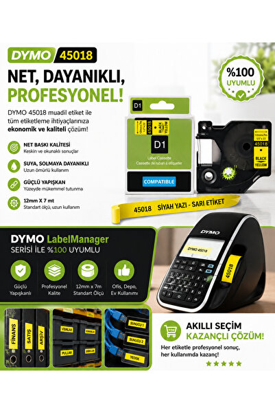 PUUN DYMO D1 45018 S0720580 Muadil Etiket Kaseti 12mm x 7Mt Sarı Etikete Siya...
