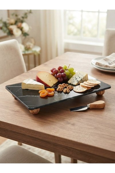 METE MUM White Marble Patterned Glass Presentation Plate with Wooden Legs, Cheese Plate and Decorative Serving Dish