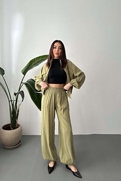 Clothes Fast طقم سترة وبنطلون نسائي من مودال بياقة عالية وسحاب أمامي وتفاصيل ...