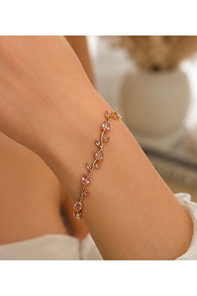 JEWELERY Tulip Pembe Taşlı Lale Çiçek Detaylı Gold Zarif Kadın Bileklik
