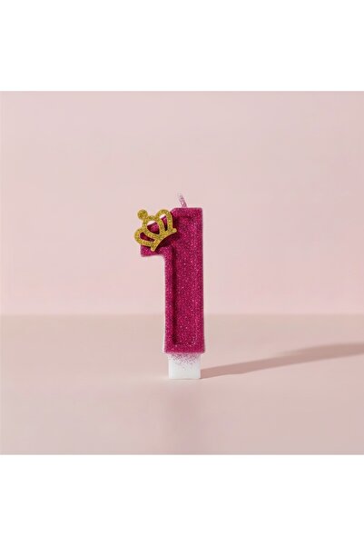 Miki & Miki Fuşya Simli Taçlı Pasta Mumu Doğum günü mum 1 yaş