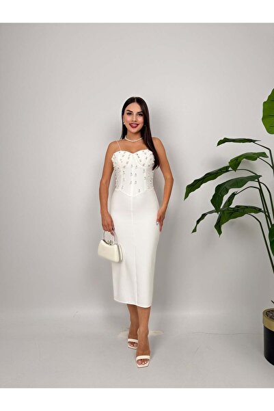 Moda Days Women's White - White Slim-Fit Midi Dress with Thin Straps and Ston...