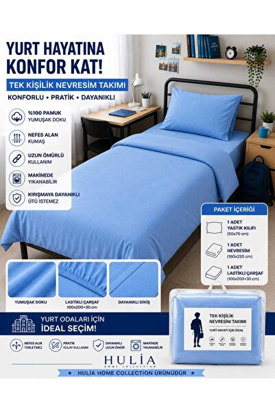 hulia home Single Dormitory Bedding Set Gray-Blue with Elastic Sheets 100% Co...