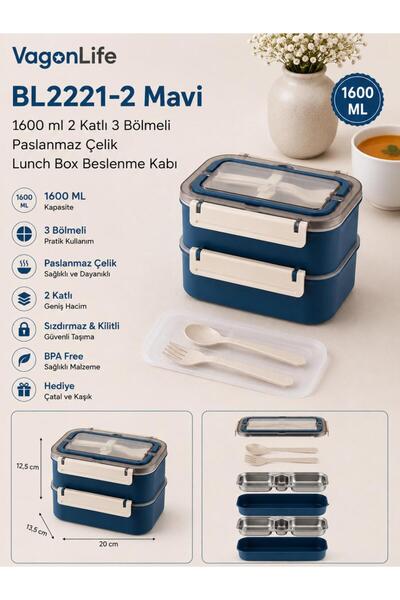 Vagonlife BL2221-2 Mavi 1600 ml 2 Katlı 3 Bölmeli Paslanmaz Çelik Lunch Box B...