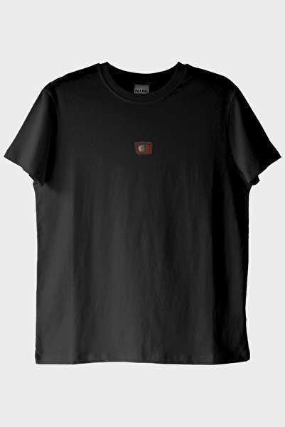 lofux Retro Television Pattern Embroidered Black T-Shirt