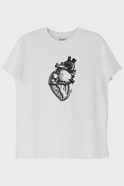 lofux Minimalist Printed White T-Shirt with Heart Anatomy Illustration