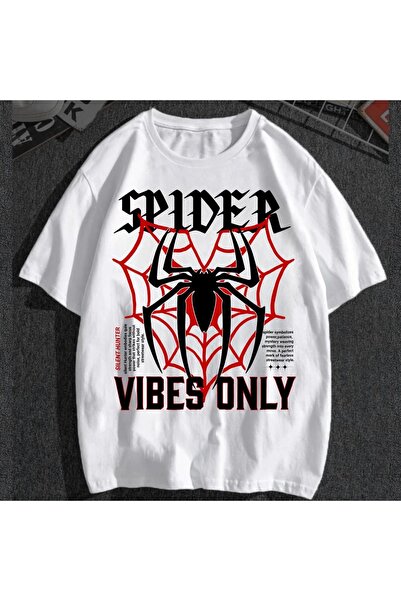 Vordevia تي شيرت أبيض كبير الحجم مطبوع عليه Spider Vibes للجنسين، تي شيرت يوم...
