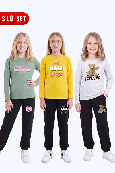 FYK KİDS Girl's 3-Piece Printed Long Sleeve Single Jersey Tracksuit Set