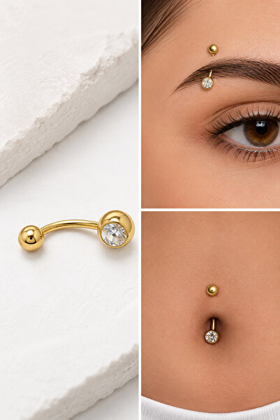 Bymiel 316L Cerrahi Çelik Zirkon Taşlı Göbek Piercing – Kavisli Barbell Karın...
