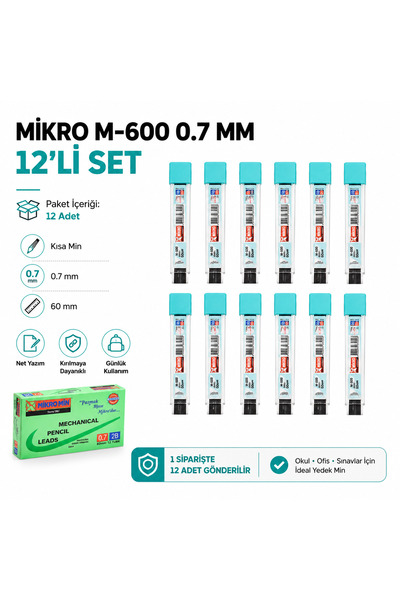 Mikro 0.7 mm 2B Kurşun Kalem Ucu 12’li Set 60 mm Kısa Min – Hi-Polymer Versat...