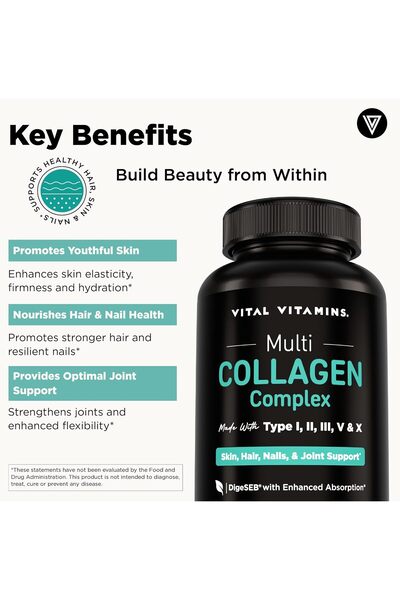 Vital Vitamins Multi Collagen Peptides Complex for Women & Men, 2-Pack | Supports Skin, Hair & Nails, 5 Collagen Types I II III V & X, Grass-Fed Non-GMO Collagen Supplements