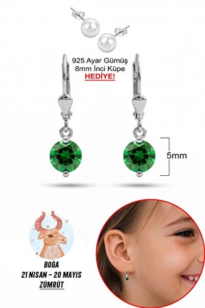 klas gümüş 925 Ayar Gümüş Çocuk Küpesi |5 mm Zümrüt Taşlı Sallantılı Küpe |Bo...