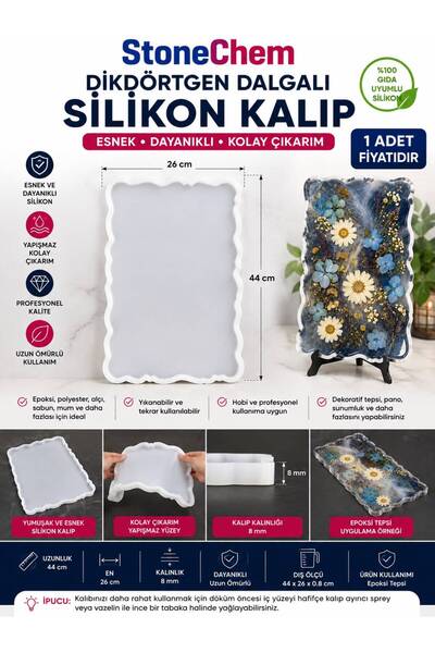 stonechem Dikdörtgen Dalgalı Epoksi Tepsi Silikon Kalıp 44x26 cm – Sunumluk, ...