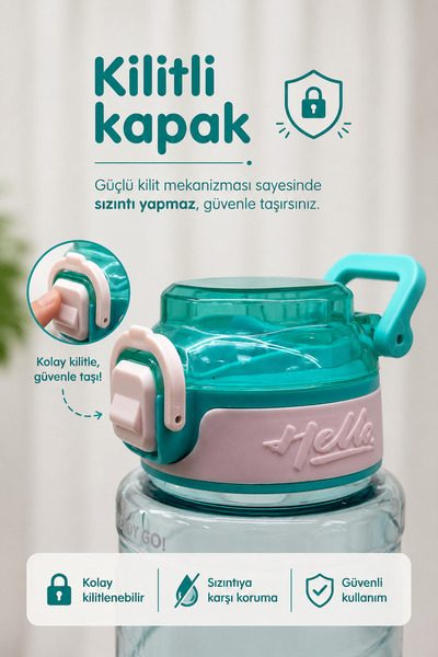 M&B WATER BOTTLE Hello Ayıcık Motifli Pipetli Çocuk Matarası - 800 ML Kilitli Kapaklı Askılı Suluk