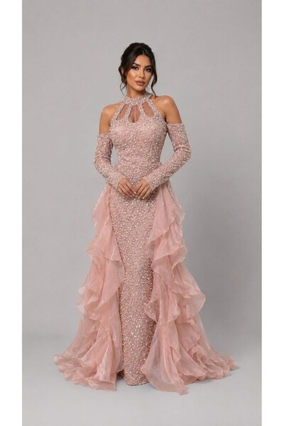 ranin Red Evening Dress Kefle Embroidered with Gazar Beads Double Clouche