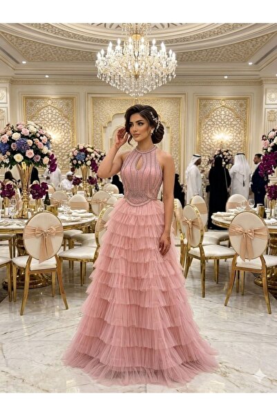 ranin Red Evening Dress Hand Embroidery Tulle Layers Double Cloche