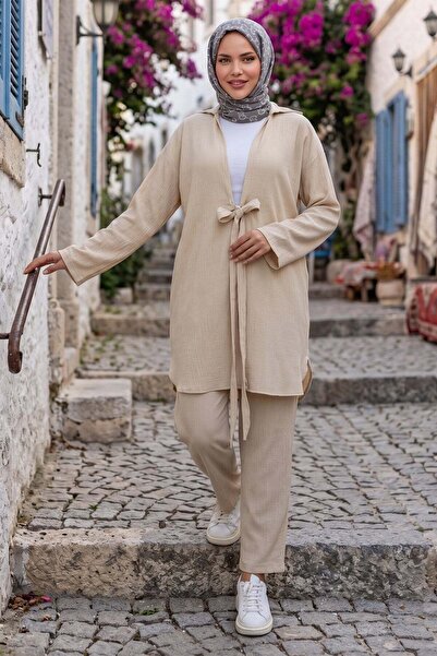 hafsamina Tied Kimono Double Set Beige Hm2938