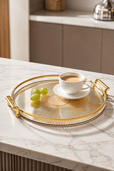 Generic 1 Clear Acrylic Round Serving Tray Organizer Plate Gold Handles Kitch...