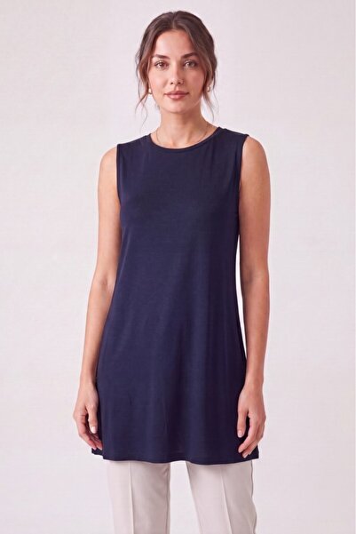 Betimoda Women's Four Seasons Crew Neck Sleeveless Viscose Short Tunic Navy Blue