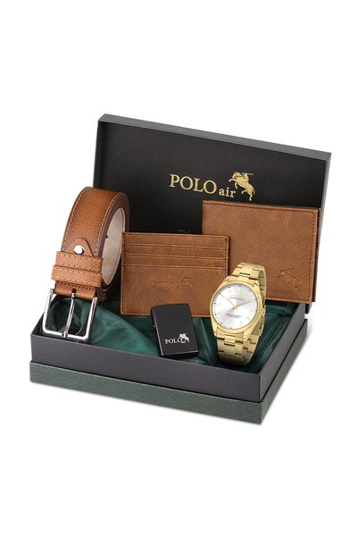 Poloair Klasik Metal Kordon Erkek Kol Saati Cüzdan Kemer Kartlık Çakmaklı Set...