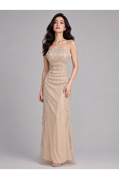 ranin Brown Evening Dress Tulle Kefla Embroidery Pearl Beads Zircon