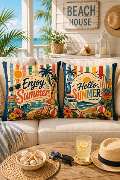 Hayal Dekoratif Yaz Temalı Summer Vibes Çizgili Dijital Baskılı Enerjik Temalı Dijital Baskılı 4'lü Kırlent Kılıfı