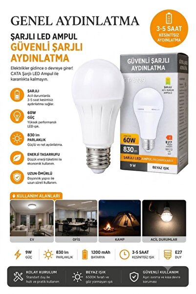 StepCo CATA CT-4229 Şarjlı LED Ampul 9W (60W Eşdeğer) - 830 Lümen E27 Duy Bey...