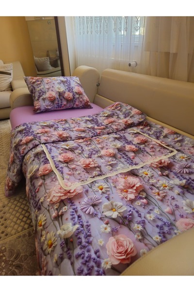 ELFİNA HOME Surprise Pillow & Guest Pike Set with Purple Garden Pattern - 4 Pieces