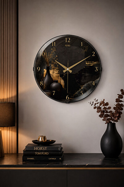 Muyika Design Dekoratif Duvar Saati 36 cm Siyah Gold Vazo Desenli Bombe Camlı...