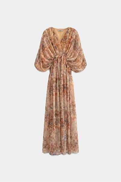 Suziş Beige Color Patterned Giped Long Dress Per3486