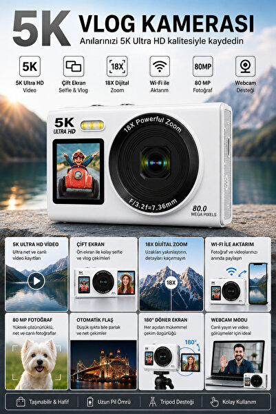 5K Ultra HD Dijital Kamera 80 MP Otomatik Odaklama 18X Dijital Zoom Çift Ekran Wi-Fi Vlog Kamerası