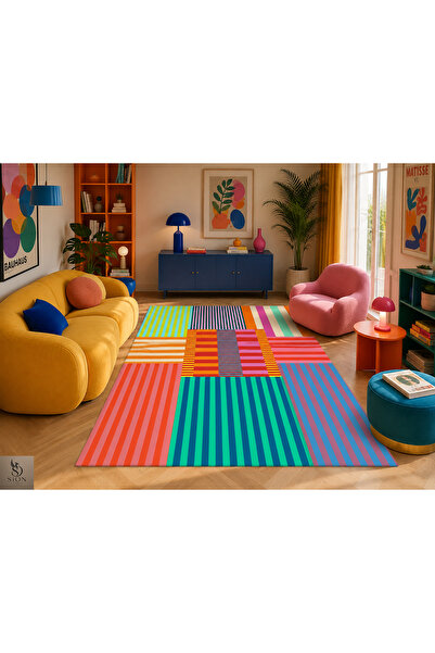 SionFabric Dijital Baskı odern Pop Art Çok Renkli Çizgili Yıkanabilir Kaymaz ...