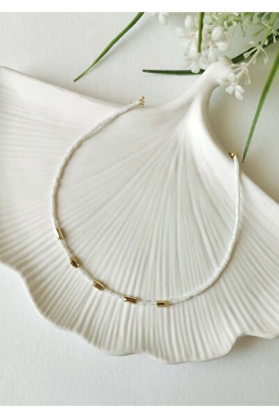 Halley Concept White Glass Bead Detailed Gold Anklet 22+5 cm