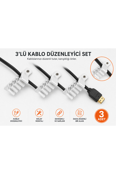 Veriqo3D 3'lü Kablo Düzenleyici Kablo Tutucu Masa Kablo Organizeri HDMI USB Şarj Kablosu Düzenleme Aparatı Vidalı Kablo Sabitleyici Beyaz