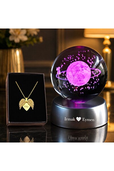hediyesahibi İsme Özel Melek Kanatlı Kolye Led Işıklı Satürn Kız Cam Küre 8*6