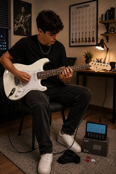 müzikhane Beyaz Hss Elektro Gitar Seti Mini Şajlı Bluetooth Distorsion+Reverb...