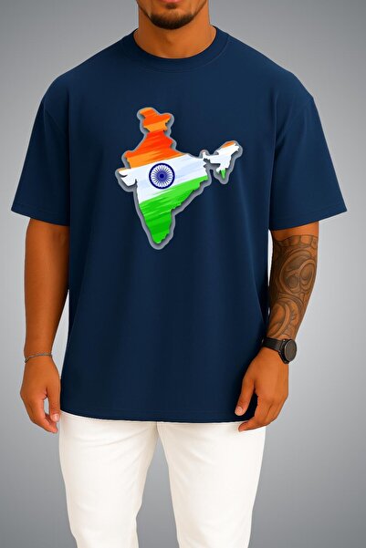 Bahriyeli Collection Oversize India Flag and Map Chest Printed Unisex T-Shirt