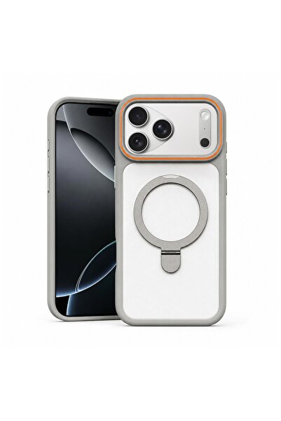 Zebana Apple iPhone 17 Pro Uyumlu Kılıf MagRing Standlı Silikon Kılıf Gri