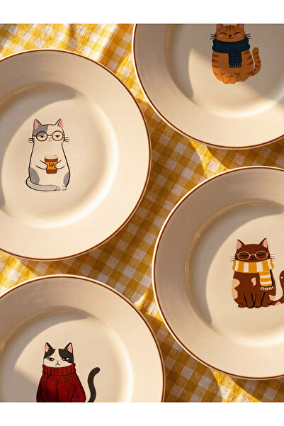 LC Waikiki Rmz Gi̇yi̇m Farkiyla Cat Printed Porcelain Cake Plate Set of 4 21 cm