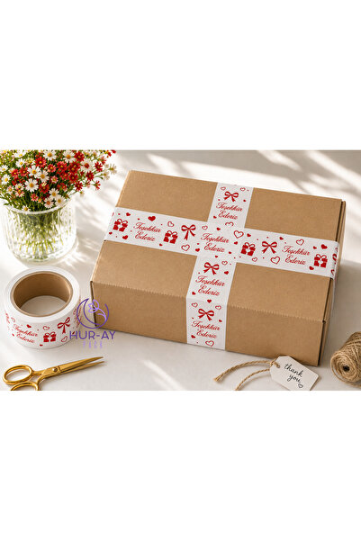 HUR-AY PACK Renkli Koli Bandı / Beyaz Üstü Kırmızı Baskılı Koli Bandı / 4,5 c...