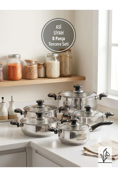 FMS Asi 8 Piece Cookware Set Black |   18/10 Stainless Steel |   Induction Co...