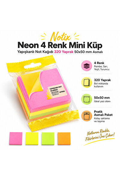 Raff Notix Neon 4 Renk Yapışkanlı Not Kağıdı Mini Küp Notluk 320 Yaprak 50x50...