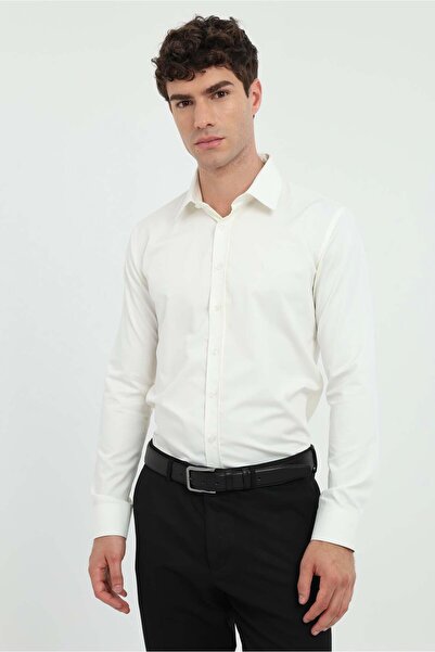 Dufy Men's Slim Fit Long Sleeve Cream Shirt