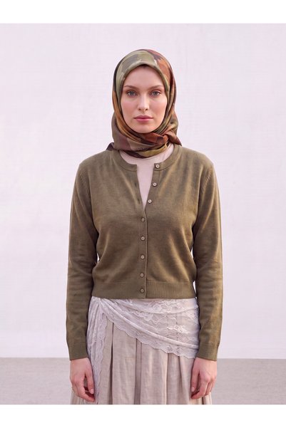 Feyre İpek Leaf Patterned Cotton Scarf - Brown Tan