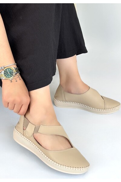 DMR Elegance Cower Beige Genuine Leather Ballerina Shoes