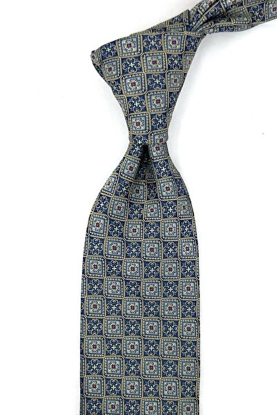 Kravatkolik Yellow Navy Blue Motif Pattern Classic Tie with Handkerchief Kk13896
